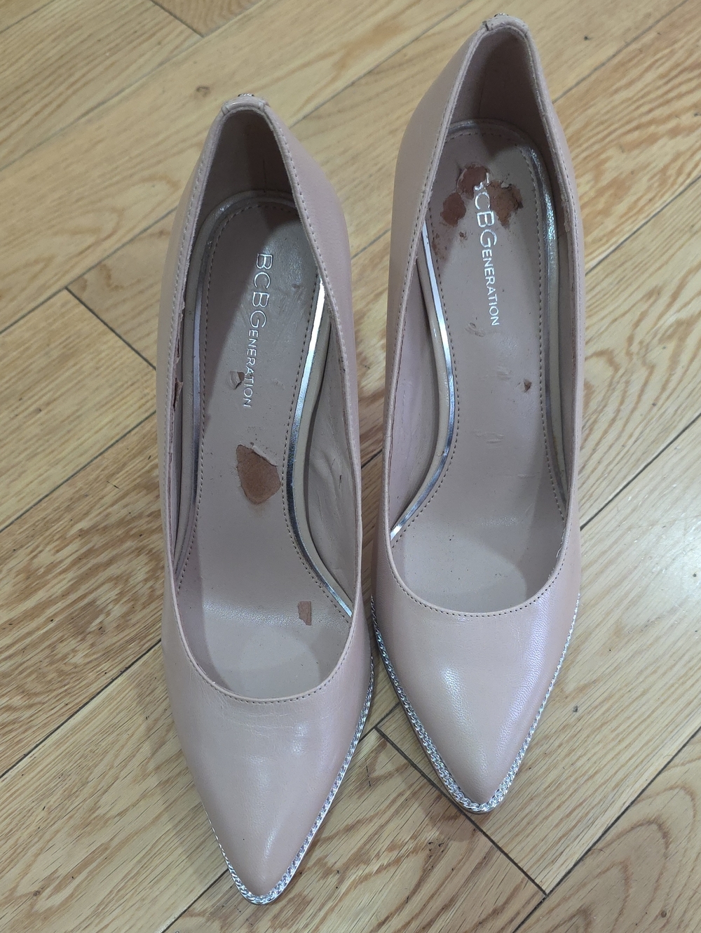 BCBGeneration Nude Tan Color Pointed-Toe Pumps with Silver Edge